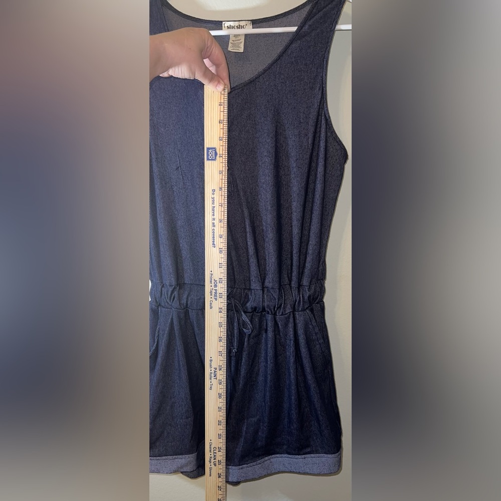 ShoSho Blue Denim Sleeveless Button Up Romper With Waist Tie & Pockets! Size L. - Picture 9 of 11